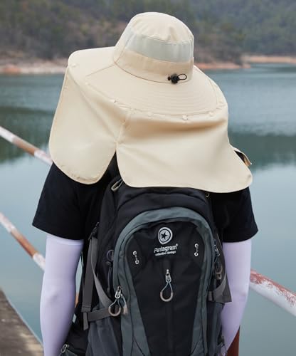 HUAMULAN Women Large Brim Sun Hat with Neck Flap, Men Quick Dry Hiking Fishing Safari Hat UPF 50+ - color: Beige With Mesh Panel