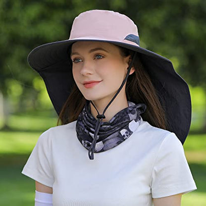 HUAMULAN Women Large Brim Sun Hat with Neck Flap, Men Quick Dry Hiking Fishing Safari Hat UPF 50+ - color: Hyp011-pink