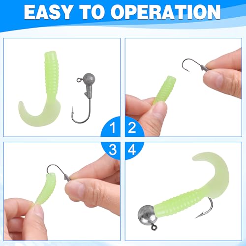 Grub Lures Fishing Jigs Head Hooks Kit- Crappie Jigs Soft Plastic Grub Tail Worm Lure Bait Buster Tubes Baits for Bass Trout Saltwater Freshwater Fishing - color: 48pcs kit
