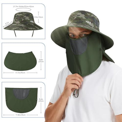 BASSDASH UPF 50+ Breathable Sun Hat with Removable Face Cover and Neck Flap Wide Brim Bucket Hat for Fishing Hiking Men Women - color: Army Green Camo/Army Green