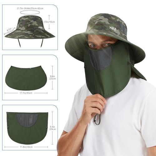 BASSDASH UPF 50+ Breathable Sun Hat with Removable Face Cover and Neck Flap Wide Brim Bucket Hat for Fishing Hiking Men Women - color: Army Green Camo/Army Green