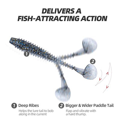 Paddle Tail Swimbaits 100/80/50PCS, 5/4/3/2 inch Soft Fishing Lures Bulk Pack – Durable Lifelike Action Lures for Bass, Trout, Crappie – Freshwater & Saltwater Fishing Gifts - color: Silver Blue, size: 4in, 80pcs
