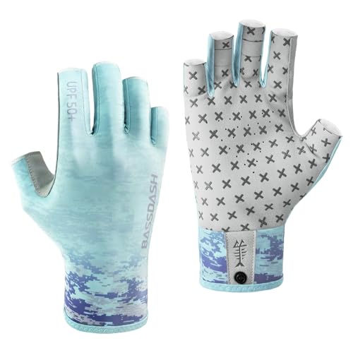BASSDASH 3/4 Finger UPF 50+ Sun Gloves Breathable Anti-Slip Silicone Palm for Men Women Fishing Fingerless Cycling Running - color: Seafoam Digital Gradient, size: Large