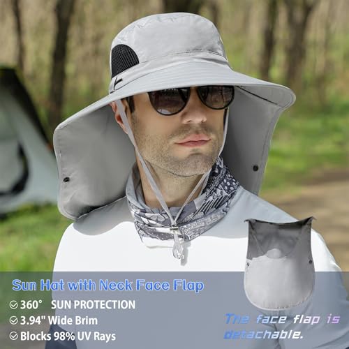ALANDUO Wide Brim XXL Sun Hats for Men Big Head, UPF 50+ Fishing Sun Hat with Neck Face Flap, Safari Boonie Hat for Men Women - color: Light Grey