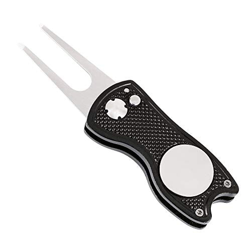 Mile High Life Microfiber Waffle Pattern Golf Towel | Club Groove Cleaner Brush | Foldable Divot Tool with Magnetic Ball Marker (Black Towel/Brush/Fish Divot) - color: Black Towel/Brush/Fish Divot