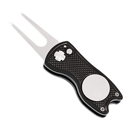 Mile High Life Microfiber Waffle Pattern Golf Towel | Club Groove Cleaner Brush | Foldable Divot Tool with Magnetic Ball Marker (Black Towel/Brush/Fish Divot) - color: Black Towel/Brush/Fish Divot
