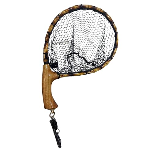 Fly Fishing Net with Release, Fishing Landing Net, Lightweight Trout Fishing Net with Wooden Handle Frame, Rubber-Coated Mesh Landing Nets for Minnow, Catch and Release