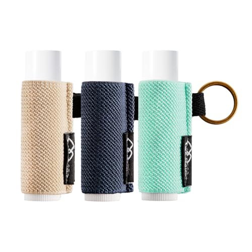 WK IEASON Lip Balm Holder Keychain, Small Christmas Gifts Stocking Stuffers for Teen Girls Women, 3PCS Clip on Lip Gloss Holder Compatible With Chapstick, Burt's Bees Sleeves Elastic Lipstick Holder - color: Dark Blue/Alpine/Mid Beige