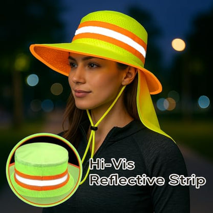 Men High Visibility Reflective Work Safety Sun Hat with Neck Flap Wide Brim Boonie UV Protection - color: 2pcs Neon Lime