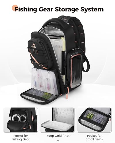 MATEIN Fishing Sling Bag with Phone Pouch, 3600 Tackle Box Backpack | Tackle Bag with Removable Bait Binder, Fishing Bag with Lure Rod Holder, Cooler Compartment, Waterproof, Women Fishing Gifts - color: Black-pink