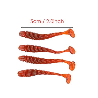 50PCS Fishing Lures Bass Worm Bait, 5cm Soft Plastic Fishing Lures T Tail Grub Worm Baits Fish Tackle Accessory - color: Red