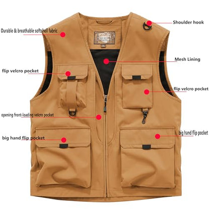 Men's Softshell Fishing Vest Outdoor Lightweight Waistcoat Waterproof Utility Cargo Sleeveless Jacket - color: Caramel, size: Medium