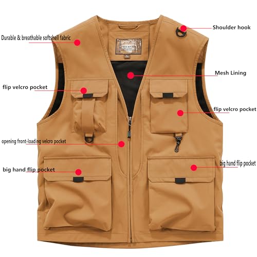 Men's Softshell Fishing Vest Outdoor Lightweight Waistcoat Waterproof Utility Cargo Sleeveless Jacket - color: Caramel, size: XX-Large