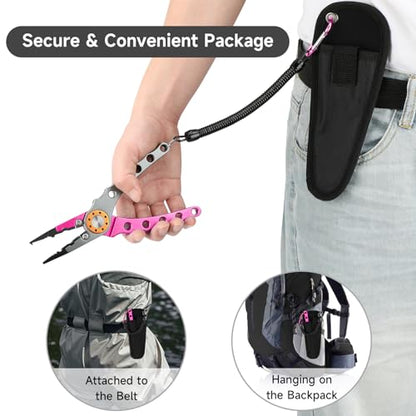 SANLIKE Aluminum Fishing Pliers Hook Remover Tungsten Carbide Braid Cutters | Tungsten Carbide Cutters Saltwater Resistant with Coiled Lanyard & Sheath - color: Pink