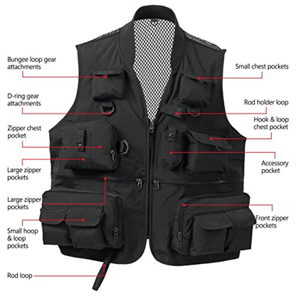 BASSDASH Versatile Men's Women's Fishing Photography Vest with Mesh Back 6 Sizes - color: Black, size: Medium