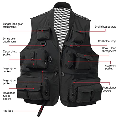 BASSDASH Versatile Men's Women's Fishing Photography Vest with Mesh Back 6 Sizes - color: Black, size: Large