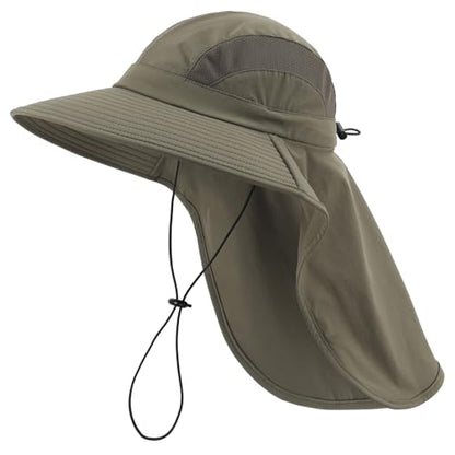 Home Prefer UPF 50+ Sun Hats for Men Women Wide Brim Fishing Hat with Neck Flap UV Protection Sunblock Safari Bucket Hat - color: Army Green
