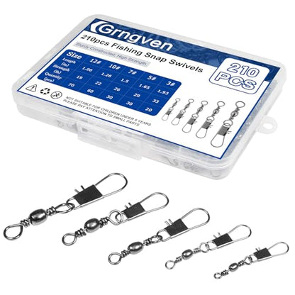 210PCS Fishing Swivels, 5 Sizes Barrel Swivels with Snaps, Fishing Swivels Saltwater Freshwater Snap Connector for Quick Connect Fishing Lures