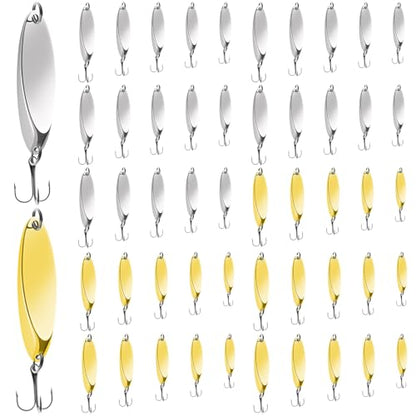 Fishing Lures Fishing Spoons, 5pcs/25pcs/30pcs/50pcs Trout Lures Bass Lures Hard Metal Spinner Baits for Salmon Bass Trout - color: Gold and Silver-50pcs