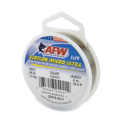 American Fishing Wire Surflon Micro Ultra Nylon Coated 1x19 Stainless Steel Leader Wire - Knottable Fishing Leaders Saltwater & Fly Fishing, 6lb Test - 61lb Test, Bright, Black & Camo Colors - color: Camo, style: 5 Meter, 26 Pound Test