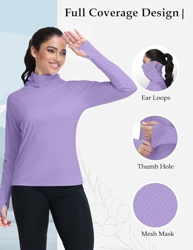 isnowood Women's Sun Protection Hoodie, UPF 50+ Hiking Fishing Shirt, Long Sleeve UV Rash Guard with Face Mask Lightweight Purple