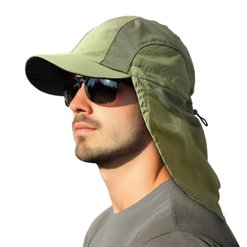 Mens Sun Hat with Breathable Mesh Sun Hats for Men Sun Protection Fishing Hat with Neck Flap for Hiking Cycling - color: Green