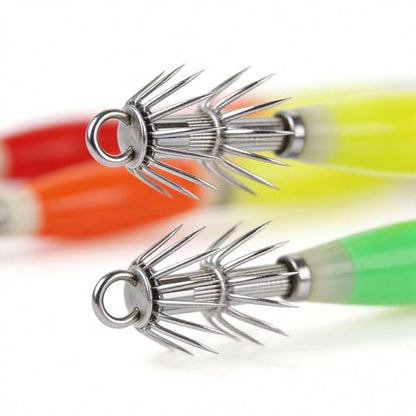 Glow Squid Jigs Kit, 10 Pcs-Maximize Your Night Catch with These High-Intensity Glowing Lures. Saltwater-Ready, Durable Hooks Included in a Convenient Tackle Box for Instant Fishing.