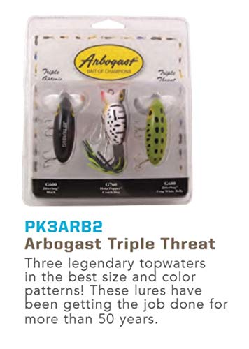 Arbogast Triple Threat Fishing Lure 3-Pack - Includes Jitterbug Lures and Hula Popper Lures - style: 2 Jitterbug, 1 Hula Popper