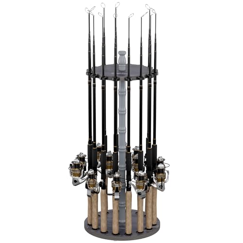 Rush Creek Creations 16-Rod Round Fishing Rod Holder for Garage, 360° Access Fishing Pole Holder for Fishing Rods, Reels, and Gear, Securely Holds 16 Rods, Barnwood - color: Barn Wood