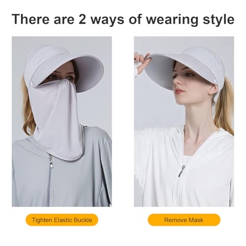 Women Wide Brim Face Mask Sun Hat Detachable Neck Face Flap Ponytail UV Protection Visor Hat Garden Fishing Hiking - color: Bg8094-lightgray