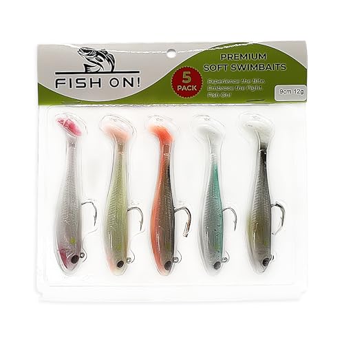 3 1/2" Pre-Rigged Jig Head Fishing Lures Pack of 5 - Soft Plastic Paddle Tail Swimbait with Hook for Freshwater and Saltwater