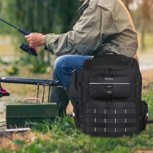 Fishing Backpack with Rod Holder | Large, Water Resistant, Tackle Storage Bag, Fishing Gear, Gifts for Men - color: Black