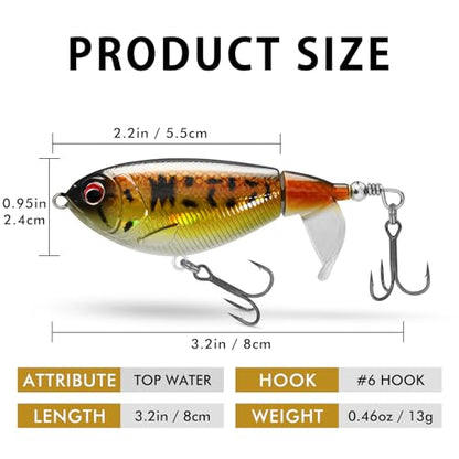 TRUSCEND Popobait Easy Catch Fishing Lures with BKK Hooks, Instant Startup, Longer Cast, Balanced Spray/Sound/Swim, Plopper Topwater Lures for Bass, Trout, Pike, Walleye, Freshwater Saltwater Fishing - color: B2-3.2",0.46oz