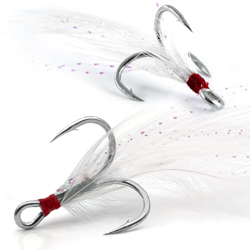 FishTrip 15Pcs Feathered Treble Hooks, Replacement Hooks for Fishing Lures | Wide Gap Needle Point Round Bend Triple Fish Hooks for Spinner Spoon Crankbait jerkbaits Saltwater Freshwater #10-#2 - size: 10#_15pcs