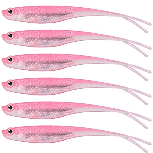 Dr.Fish Soft Plastic Baits, Fork Tail Soft Jerkbait Minnow Lures, 3 to 4-3/4 Inches Soft Swimbaits Jerk Shad Baits Crappie Bass Fishing Lures - color: Pink, size: 3"-6 Pack