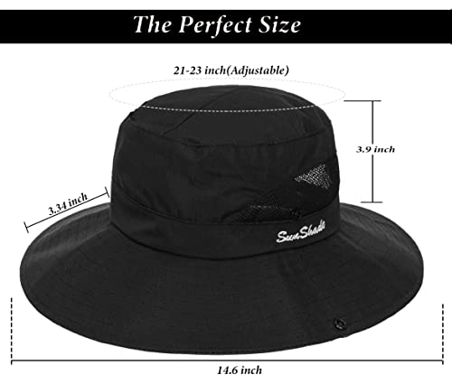 Sun Hat for Women Summer UV Protection Beach Hat Wide Brim Mesh Bucket Fishing Hat with Ponytail Hole Foldable Packable Hat - color: Black(with Ponytail Hole)