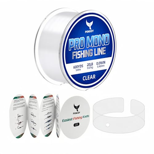 Monofilament Fishing Line with Knot Guide Card, Tangle-Free Snap Ring for No More Mess, Low Memory Smooth Casting Nylon Mono String, 15/20/30/50/80LB, 220-1050 Yards - color: Clear, size: 20LB 600Yards
