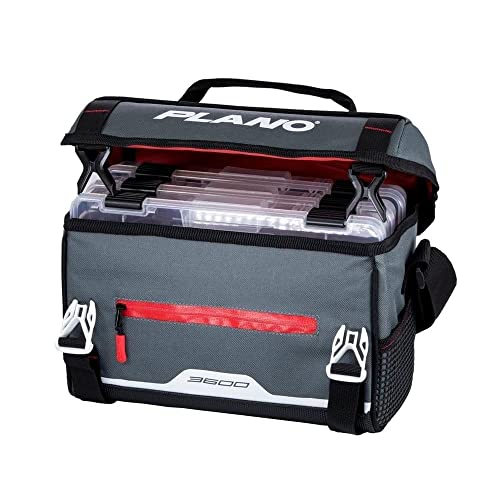 Plano Weekend Series 3600 Softsider Tackle Bag, Gray Fabric, Includes 2 3600 Stowaway Utility Tackle Boxes, Soft Fishing Tackle Storage Bag, Water-Resistant - color: Gray/Red, style: 3600 Softsider Tackle Bag