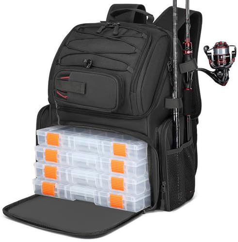 HAMBOLY Fishing Backpack with Tackle Boxes, 50L Fishing Tackle Bag with Cooler & Rod Holders, Waterproof Tackle Bag for Men - color: Black