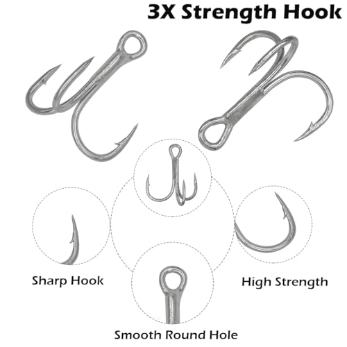 Fishing Treble Hooks Kit, Large Size High Carbon Steel Hooks 3X Strong Sharp Round Bend Hooks with Split Rings for Saltwater Freshwater Fishing 200pcs/Box Mixed 5 Size 2 4 6 8 10 - color: Silver