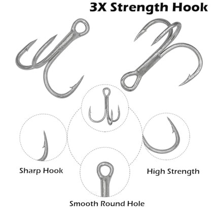 Fishing Treble Hooks Kit, Large Size High Carbon Steel Hooks 3X Strong Sharp Round Bend Hooks with Split Rings for Saltwater Freshwater Fishing 200pcs/Box Mixed 5 Size 2 4 6 8 10 - color: Silver