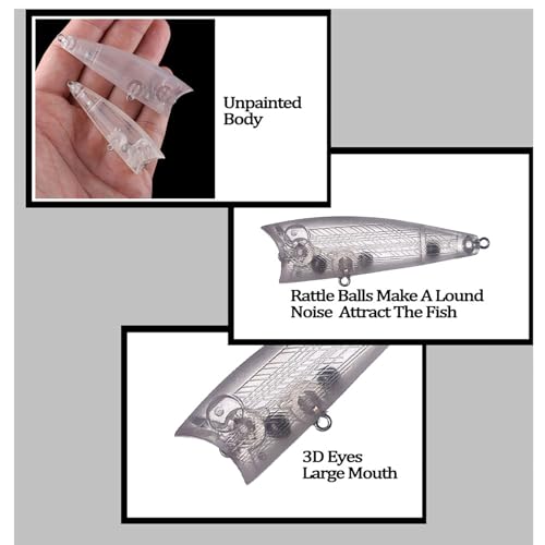 20PCS Unpainted Blanks Bait 2.56in/2.95in Topwater Rattle Popper DIY Handmade Artificial Fishing Lure Tackle