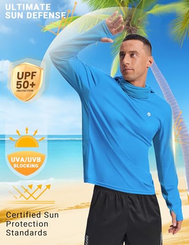 PINSPARK UPF 50+ Sun Protection Hoodie Men with Mask Quick Dry Long Sleeve Fishing Hiking Shirts UV Rash Guard Lightweight - color: Brilliant Blue, size: XX-Large
