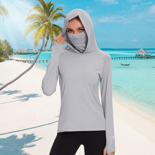 BASSDASH Women’s UPF 50+ Hoodie Shirt with Breathable Face Mask - color: Light Grey, size: Small