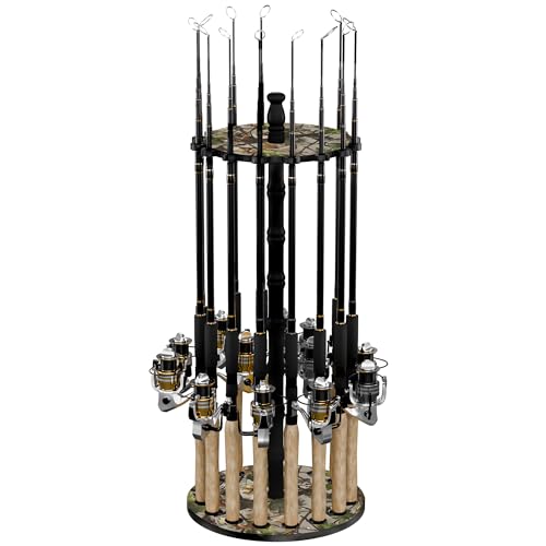 Rush Creek Creations 16-Rod Round Fishing Rod Holder for Garage, 360° Access Fishing Pole Holder for Fishing Rods, Reels, and Gear, Securely Holds 16 Rods, Camouflage - color: Camouflage