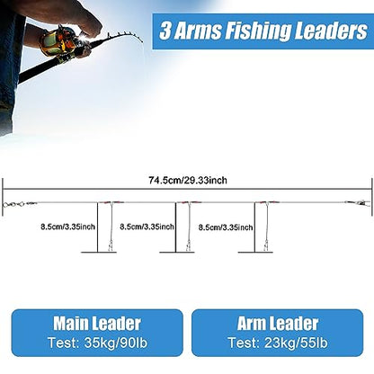 Fishing Leader Rigs Saltwater Freshwater Stainless Steel Wire Leader Fishing Rigs with Swivels Snaps Beads 1-3 Arms Saltwater Rig Wire Bottom rigs for Trolling Pier Surf Fishing Tackle - color: Silver-3 Arm-12pcs
