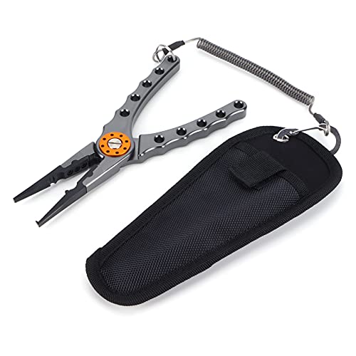 Fishing Pliers, Premium Stainless Steel Jaw with Anodized Aluminum Handle for Hook Removal Line Cutting and Split Ring Opening Saltwater Freshwater Anglers Grey 7.9 Inch - color: Grey
