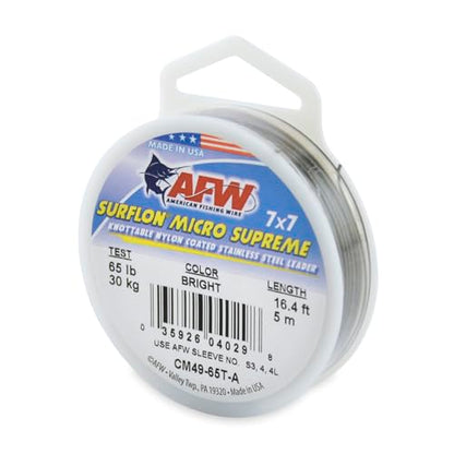 American Fishing Wire Surflon Micro Supreme Nylon Coated 7x7 Stainless Steel Leader Wire - Knottable Wire Leaders for Fishing Saltwater, Fly Fishing, 13lb Test - 90lb Test, Bright, Black & Camo Colors - color: Bright, style: 5 Meter, 65 Pound Test