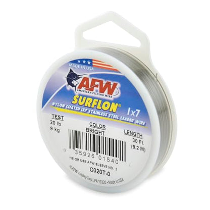 American Fishing Wire Surflon Nylon Coated 1x7 Stainless Steel Wire Leader - Wire Fishing Leader Line for Saltwater 10lb Up To 250lb Test in Bright, Black, Camo in 30ft, 100ft, 300ft, & 1000ft Lengths - color: Bright, style: 30 Feet, 20 Pound Test