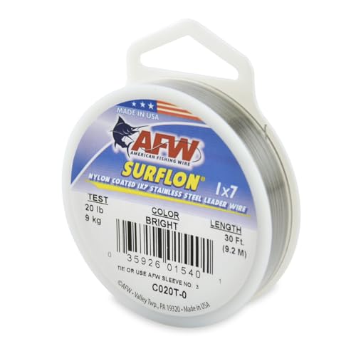 American Fishing Wire Surflon Nylon Coated 1x7 Stainless Steel Wire Leader - Wire Fishing Leader Line for Saltwater 10lb Up To 250lb Test in Bright, Black, Camo in 30ft, 100ft, 300ft, & 1000ft Lengths - color: Bright, style: 30 Feet, 20 Pound Test